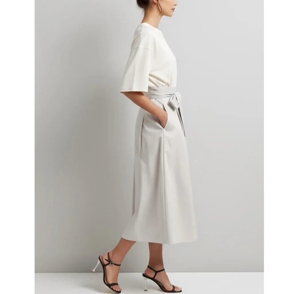 TIBI Eco Poplin Back Wrap Midi Skirt, Stone, 12 (US) - Image 2