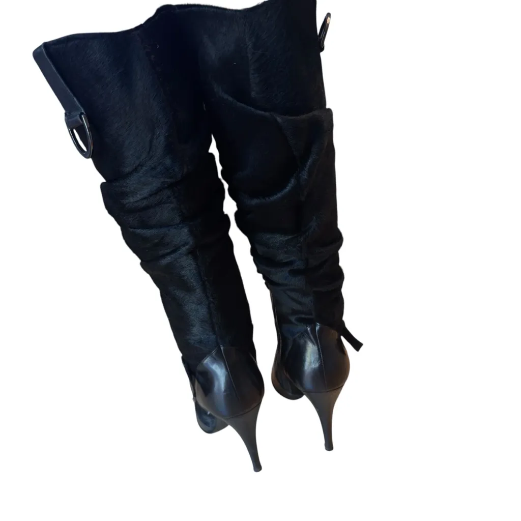 Icone Italy Black Pony Hair Leather Knee High Boots Pointed Toe Stiletto 36 EUC Size 5 - Image 8