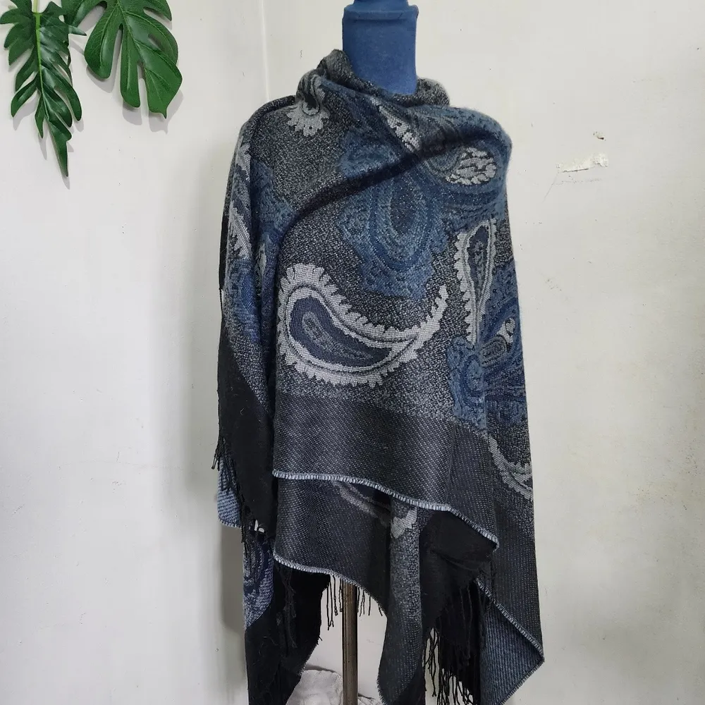 Black Blue Paisley Ruana Wrap with Fringe - Image 2