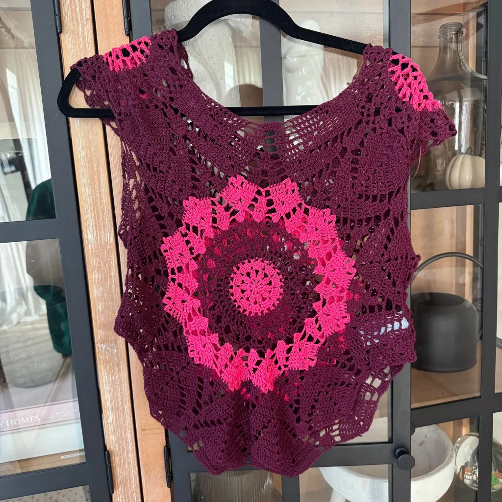 NEW Zara crochet top short sleeve burgundy boho coverup swimsuit summer - Image 2