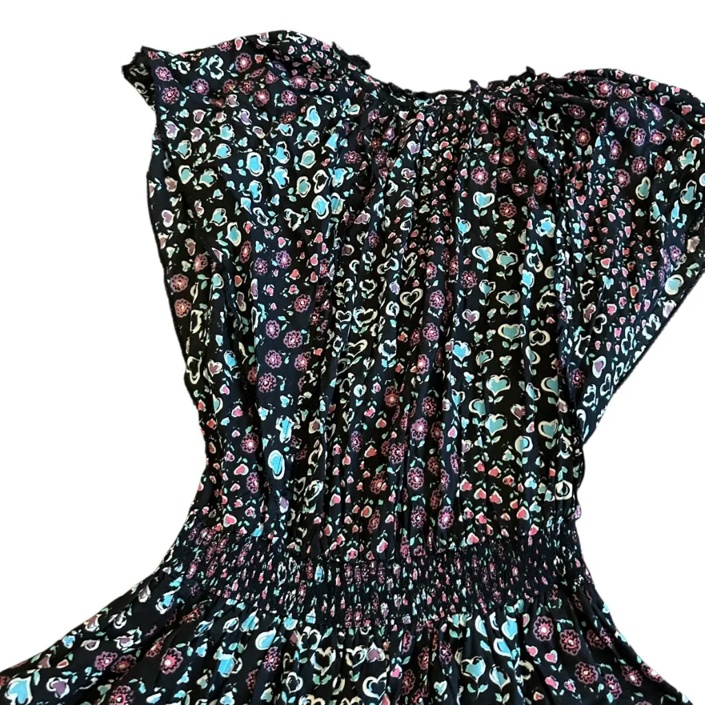 Poupette St. Barth Black Floral Heart Print Mini Dress Short Sleeves Size Small - Image 9