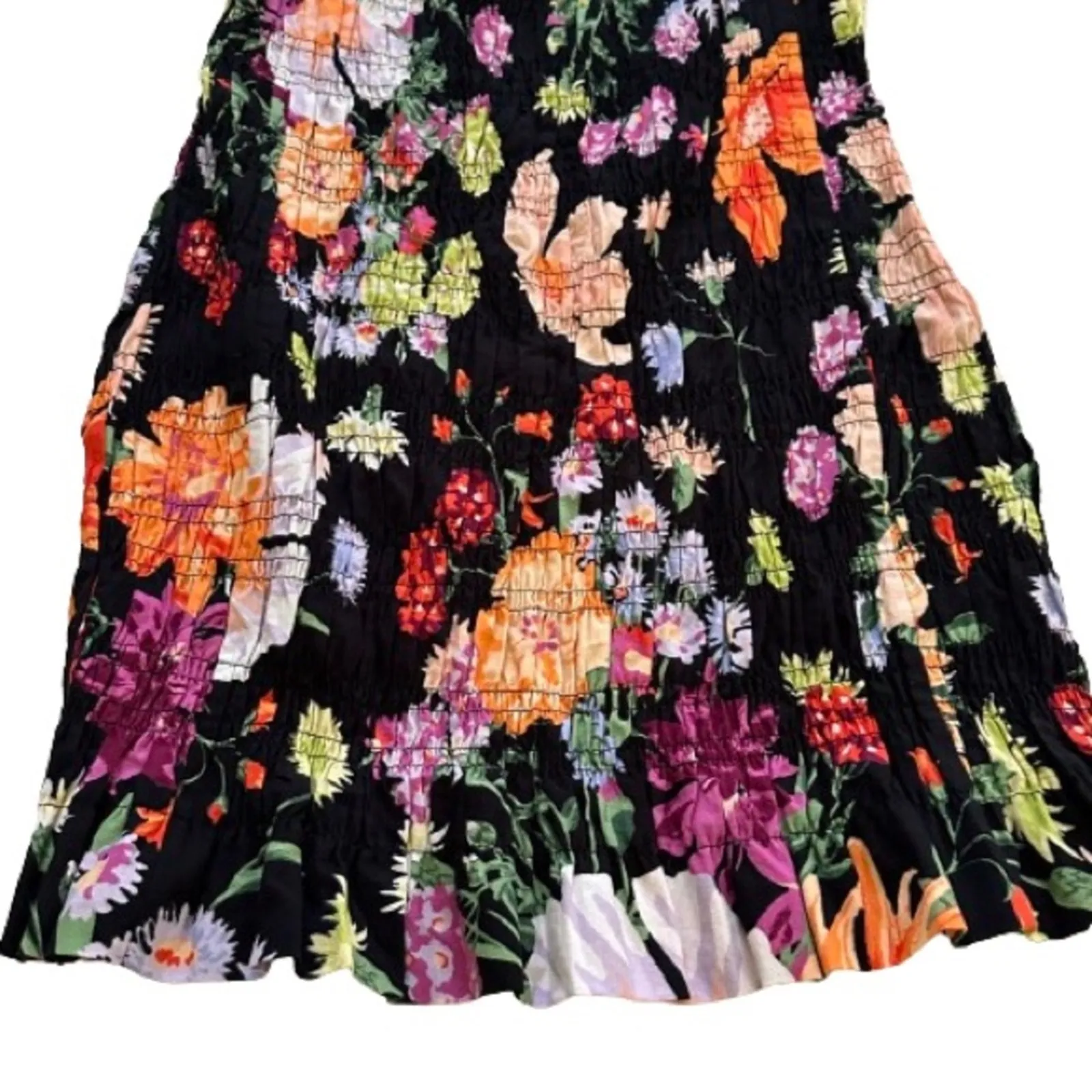 H&M Dress Black Pink Orange Floral Smocked Off Shoulder Puff Sleeve Large NEW - Image 11