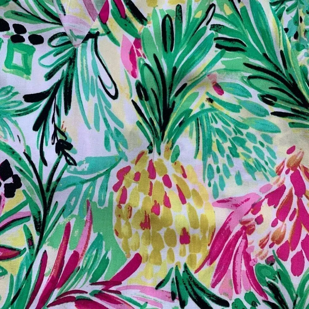 Pappagallo Eliza Blouse Green Multicolor Painted Pineapple Print Plunge Neck Top Size undefined - Image 10