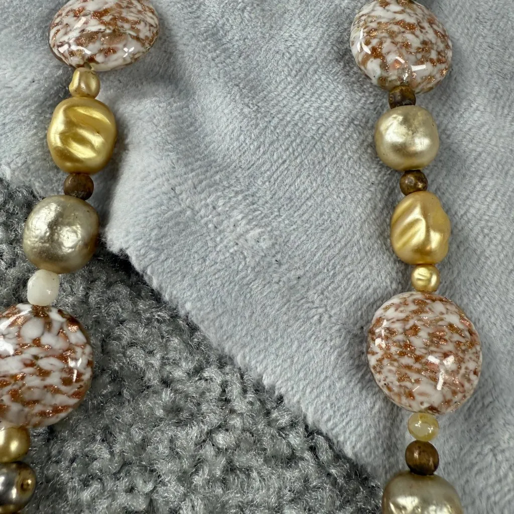 Gold Copper Speckled Long Beaded Necklace White Marble Effect Statement Beads - Image 14