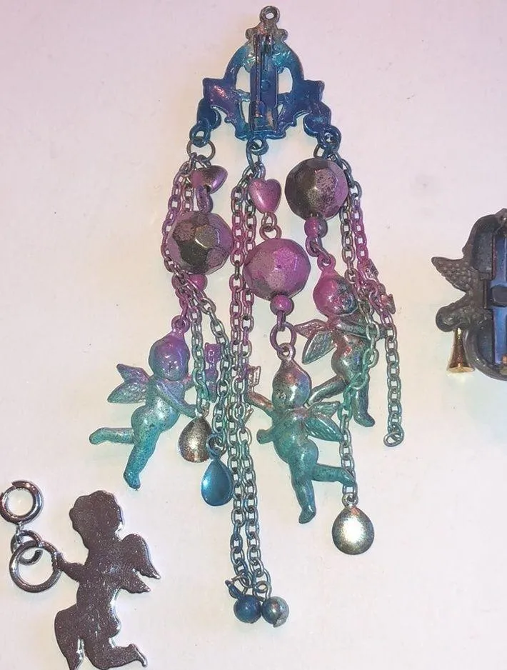 Angel Pins & Charm Colorful Boho Brooch Pewter Shoulder Pin Silver Tone Charm - Image 7