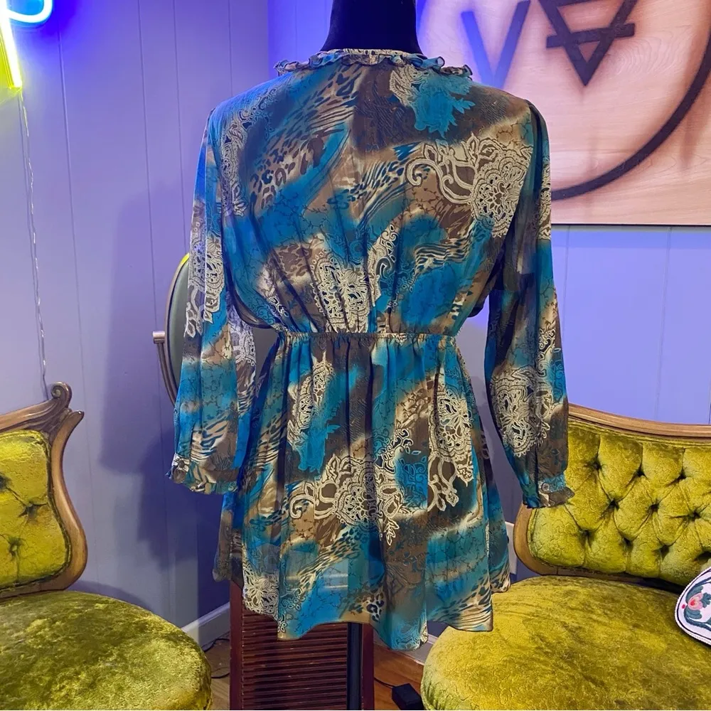 Vintage Y2K Notations Animal Print And Paisley Semi Sheer Boho Fairycore Top Blue Size M - Image 5
