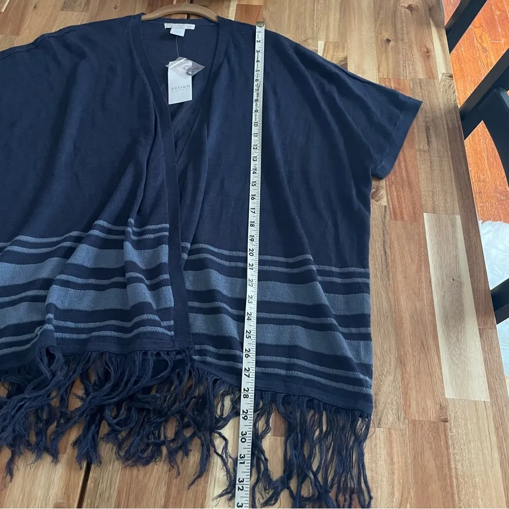 Navy Wrap Sweater Open Cardigan with Fringe Hem NWT Size M - Image 6