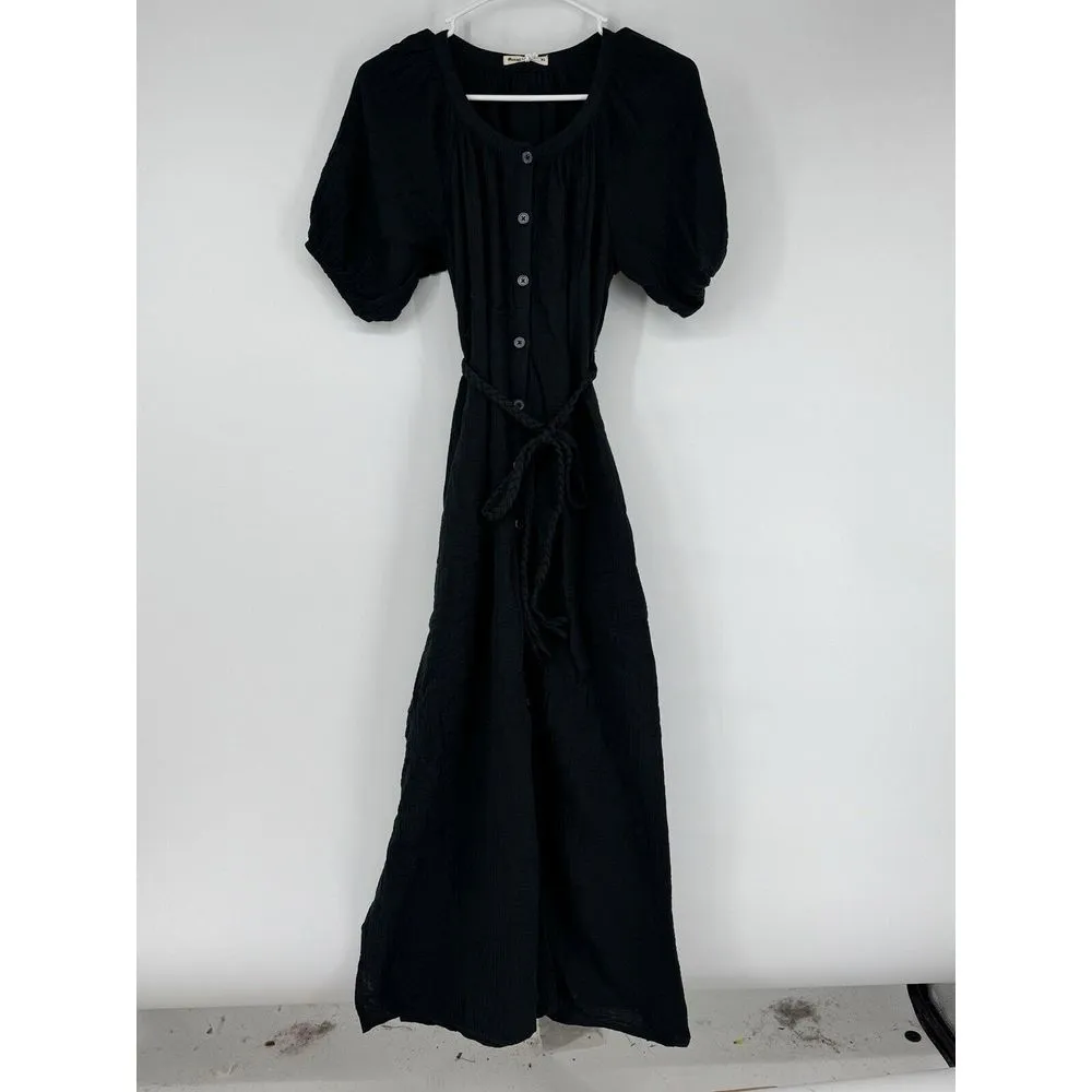 Marine Layer Erin Shirt Dress‎ Cotton Black Midi Belted XSMALL Gauze Puff Sleeve - Image 7