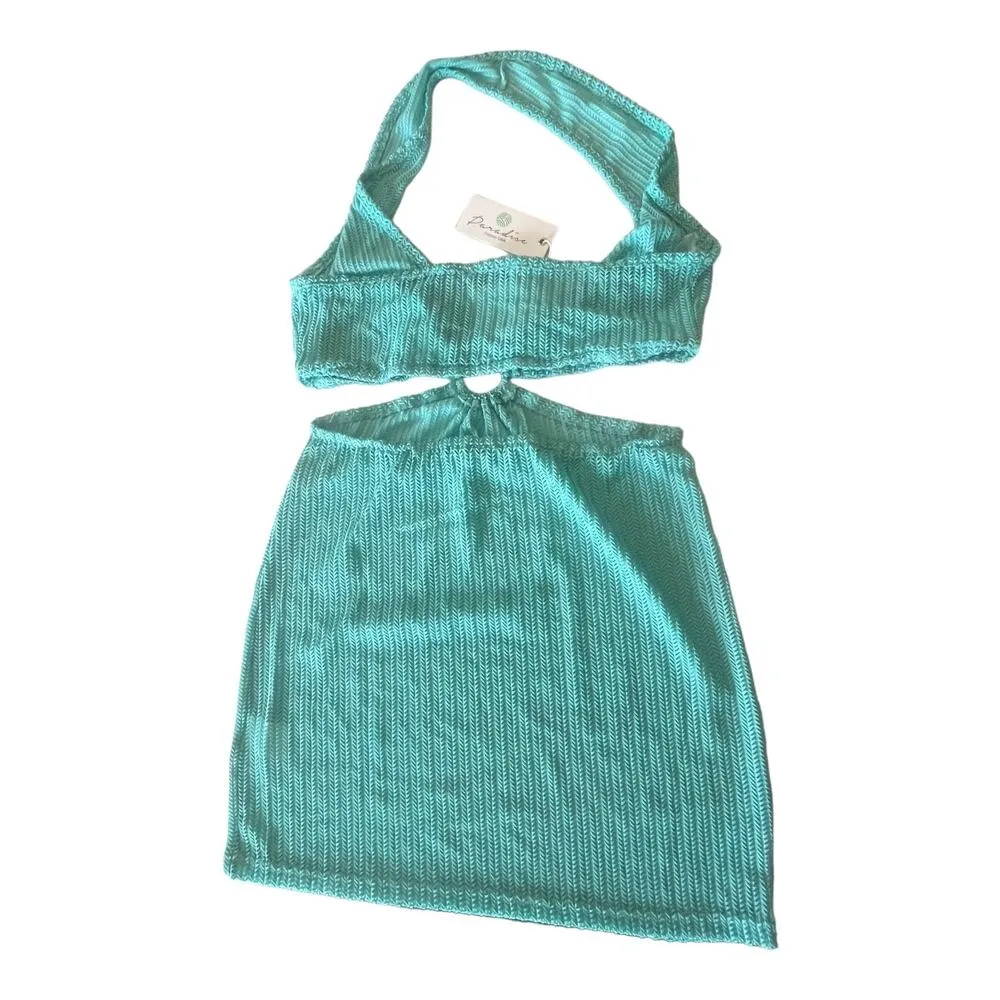 NEW Cut Out Crochet Beach COVER UP DRESS Teal Green Bodycon LG Plunge Halter - Image 2