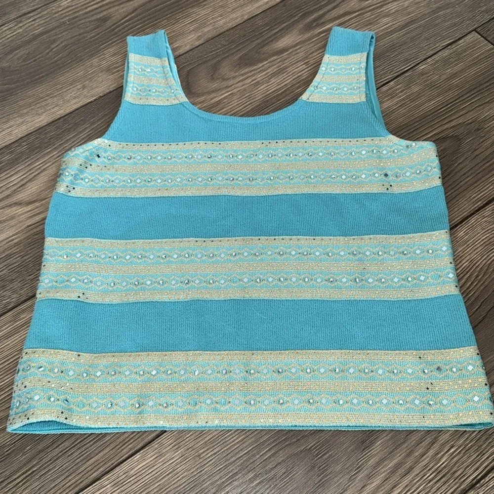 St. John Turquoise and Cream Patterned sparkle Tank Top - Image 2