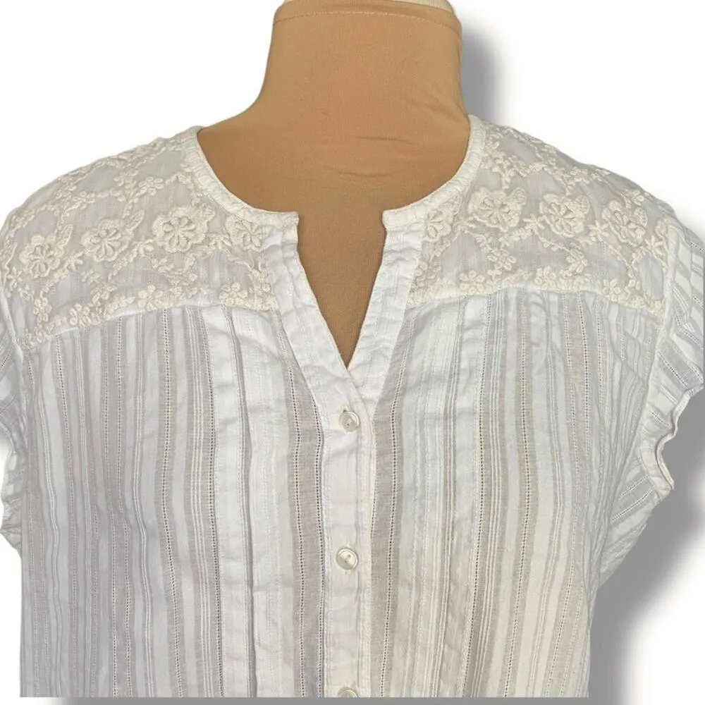Orvis White Cotton Blouse XL Floral Embroidered Yoke Cap Sleeve Lightweight - Image 2