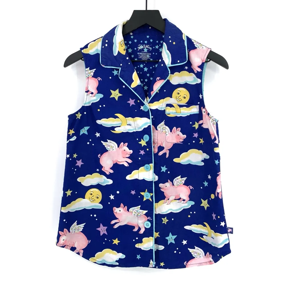 NICK & NORA Cotton Pajama Set Royal Blue When Pigs Fly S - Image 2