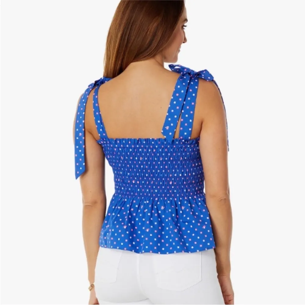 LILLY PULITZER RIVERA SMOCKED TIE STRAP BLUE PINK TOP XL - Image 2
