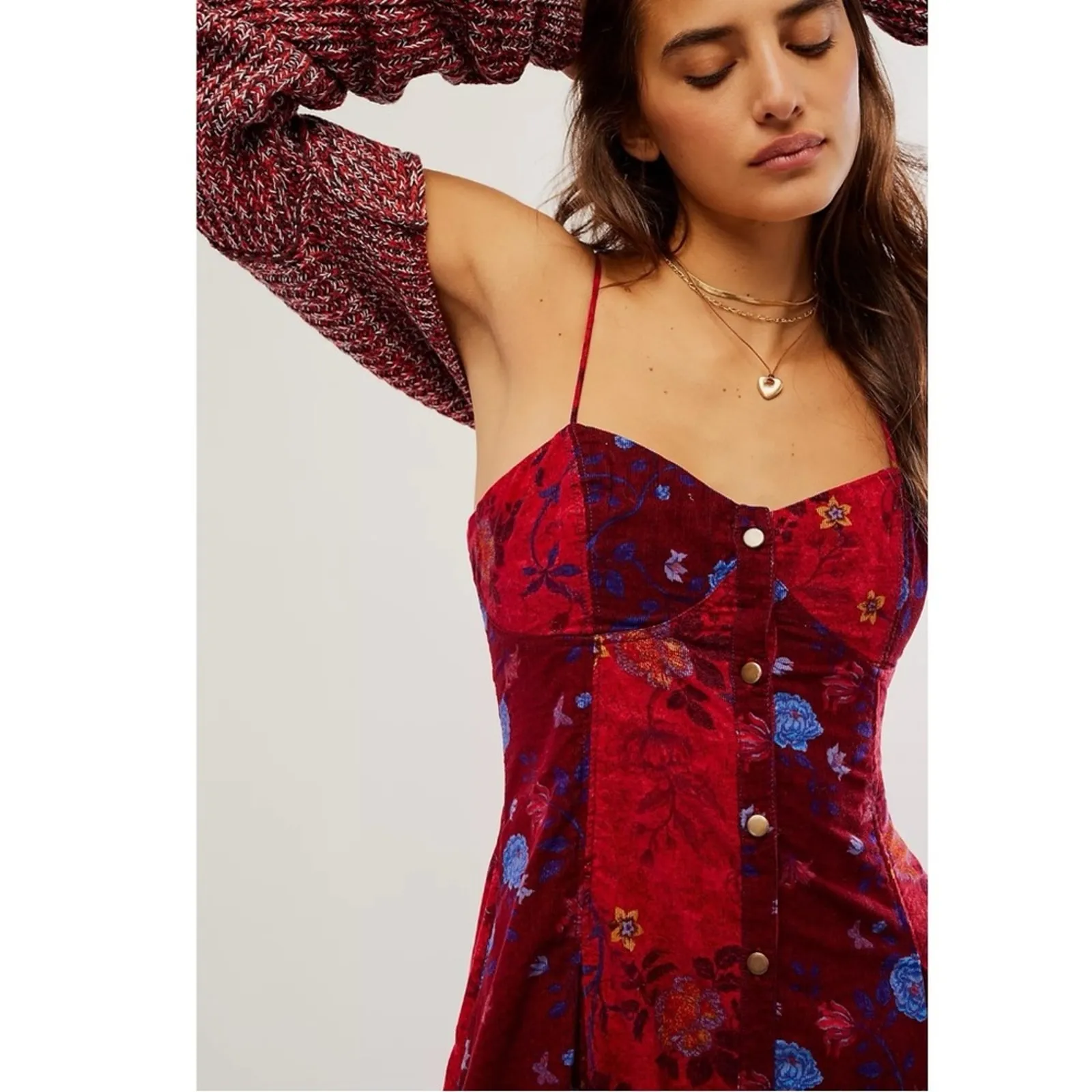 Free People Bohemian Grunge Witchy Corduroy Gail Midi Dress Scarlet Combo Medium - Image 3