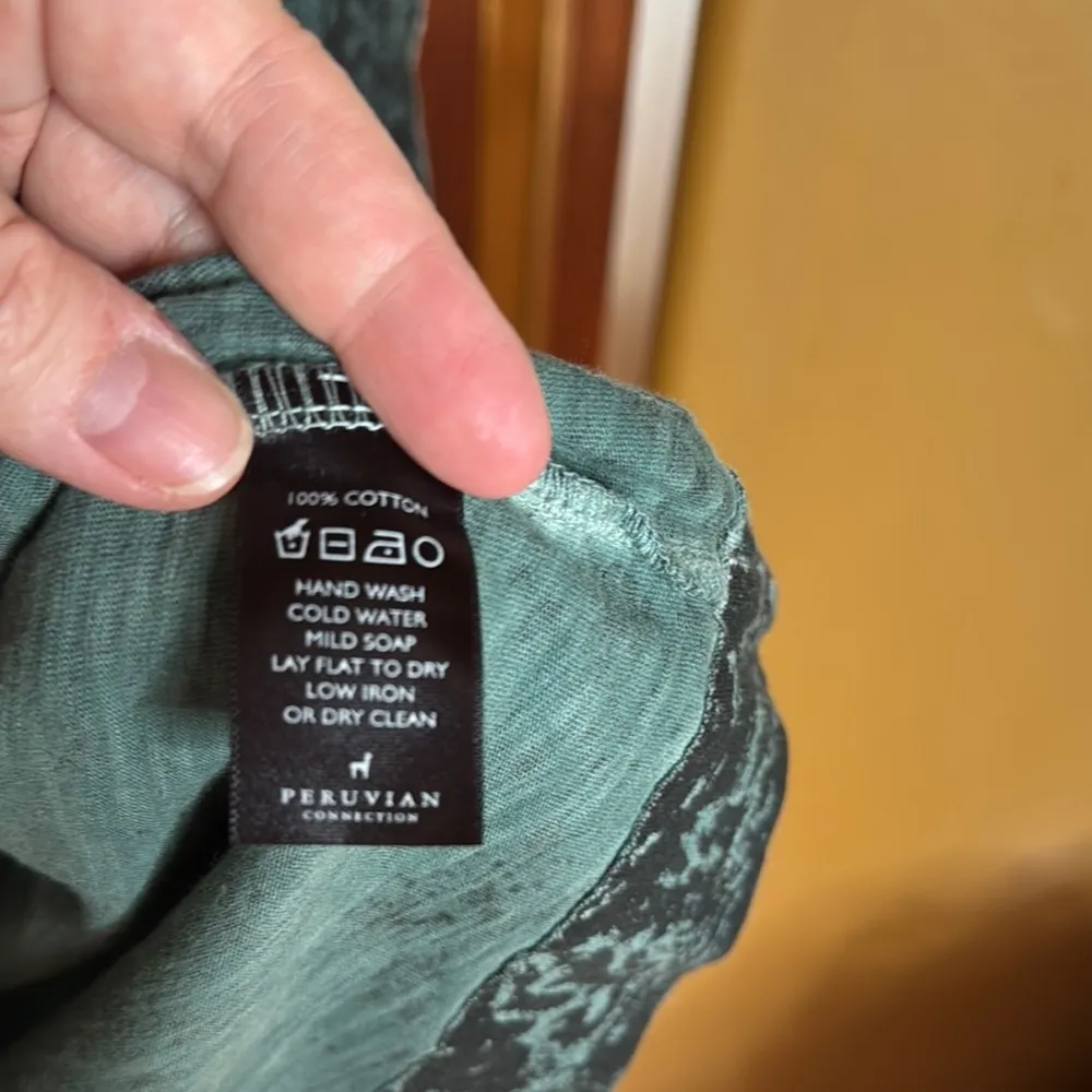 Peruvian Connection Shift Dress Mini Long Sleeve Floral Green Cotton Size Medium - Image 5