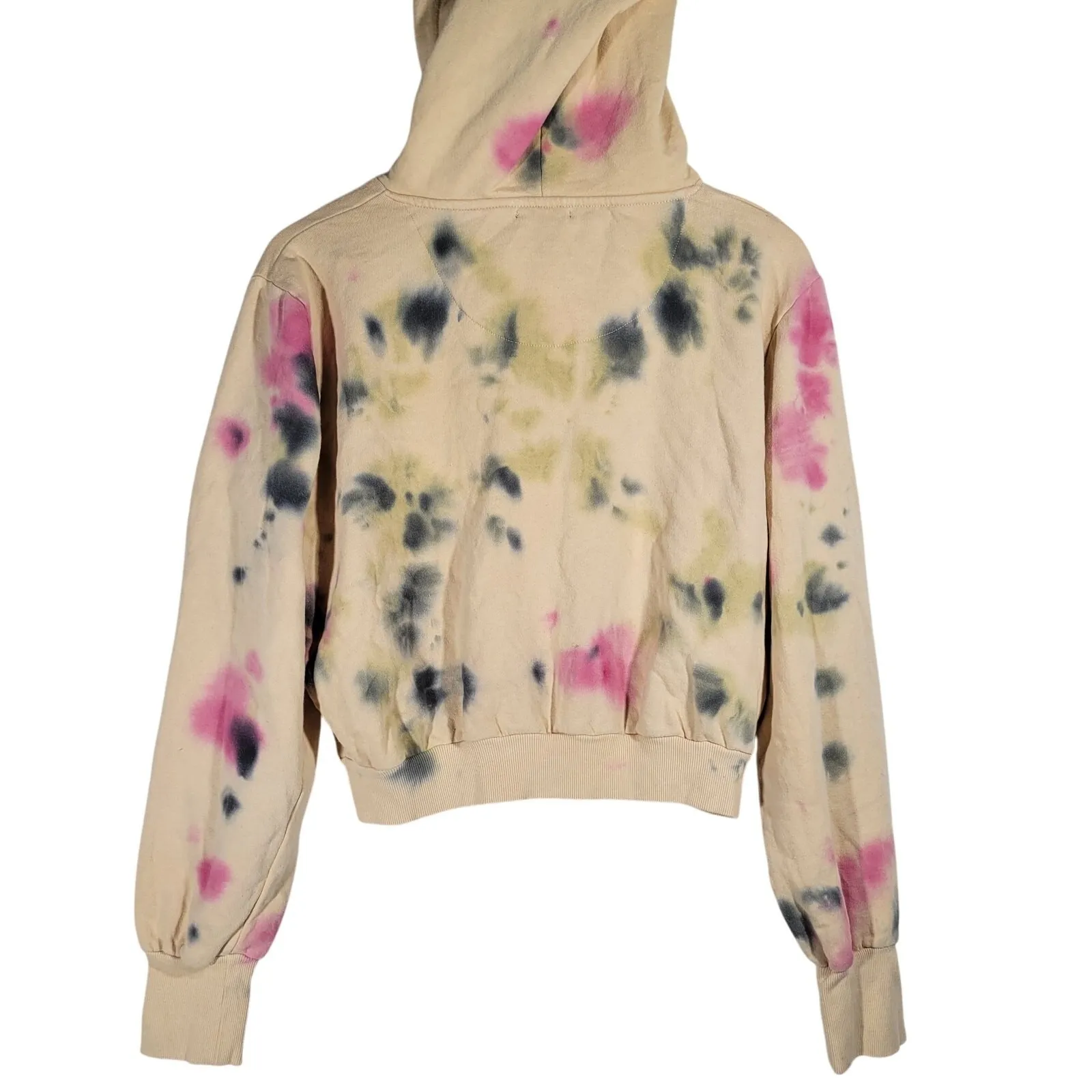 AFRM Tie Dye Cropped Hoodie Sweatshirt Cream Pink Gray Green‎ Size S Tan - Image 3