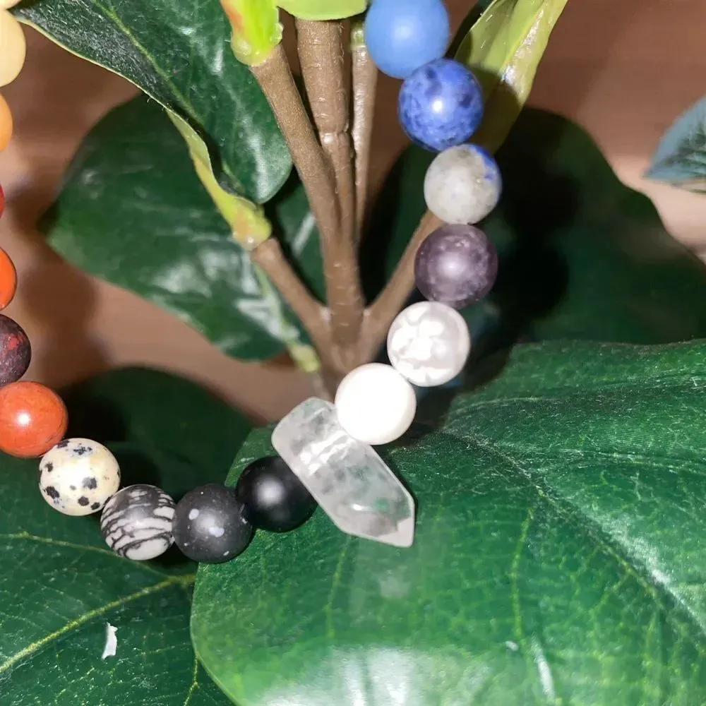 CRYSTALINE HEALING CHAKRA MULTI STONE BEADED BRACELET WITH CLEAR QUARTZ CRYSTAL Green - Image 6