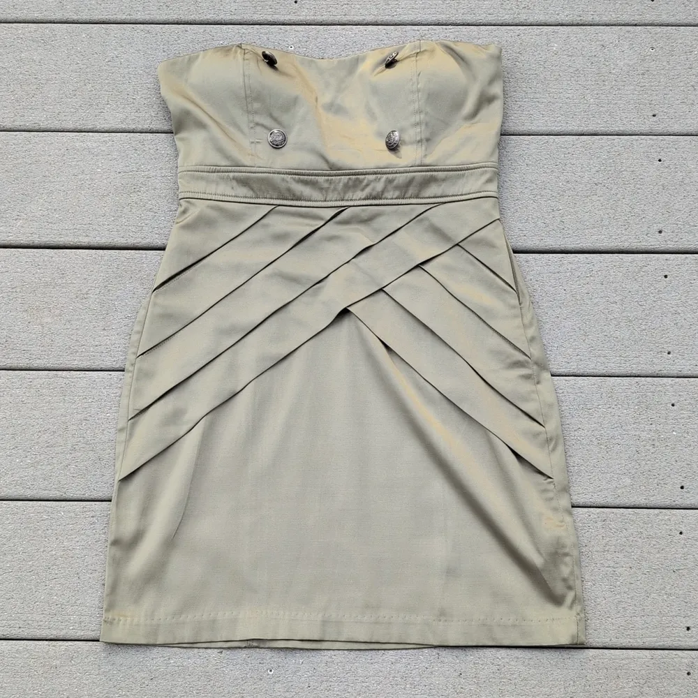 Rhapsody Satin Strapless Cocktail Dress | Juniors Olive Green Strapless Dress - Image 6