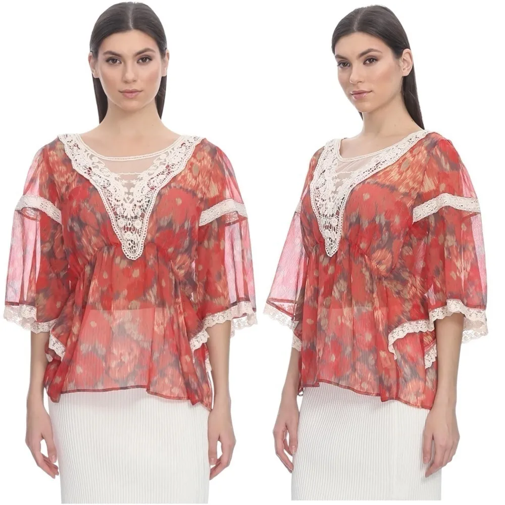 Free People Bohemian Retro 70s Sheer Floral Lace Kimono Top Size XS Summer - Image 5