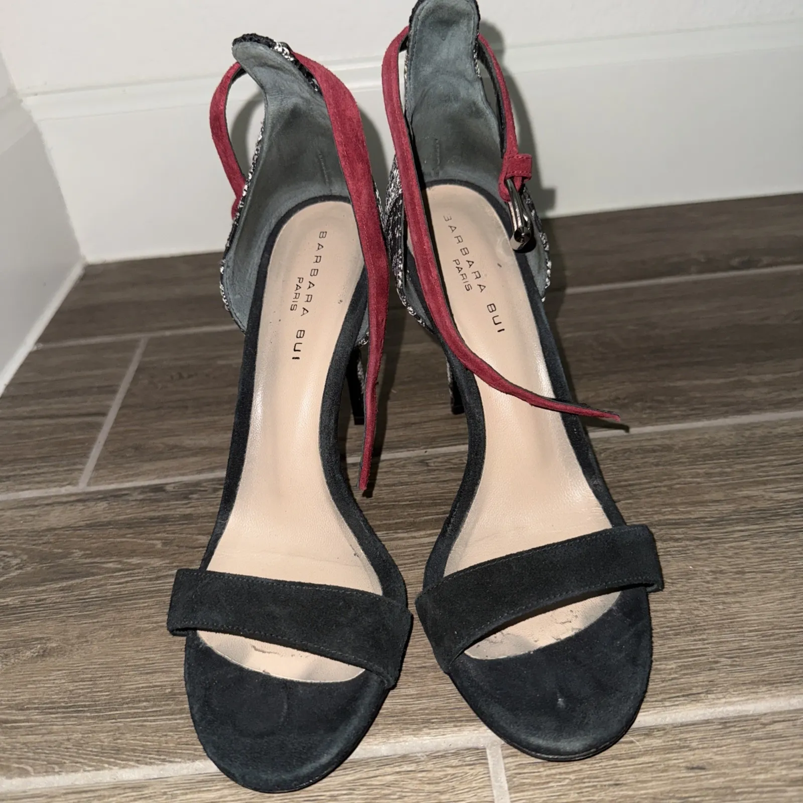 Barbara Bui black suede heels Black White‎ patterned Back Red ankle strap 38.5 Size 8.5 - Image 8