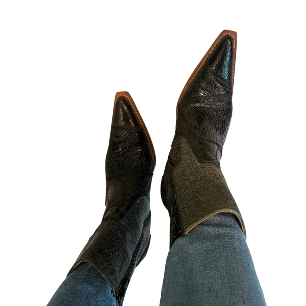 Dos de Oro Black Leather Heeled Pointed Toe Western Boots, Sz 7 - Image 4