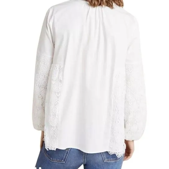 White Cotton Blouse with Floral Lace Bell Sleeve Romantic‎ Victorian Style Top Size M - Image 9