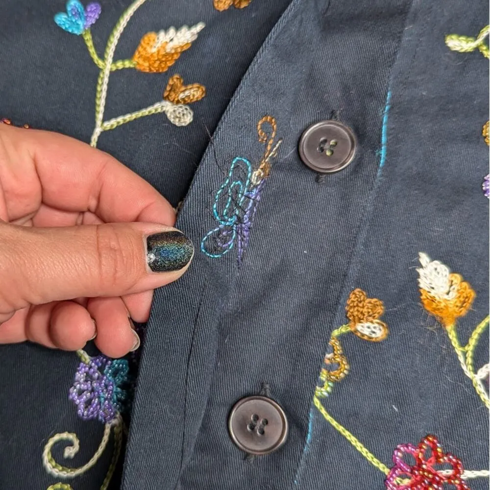 Vtg Y2K Quacker Factory Black Floral Butterfly Embroidered Bead Cotton Jacket M - Image 4
