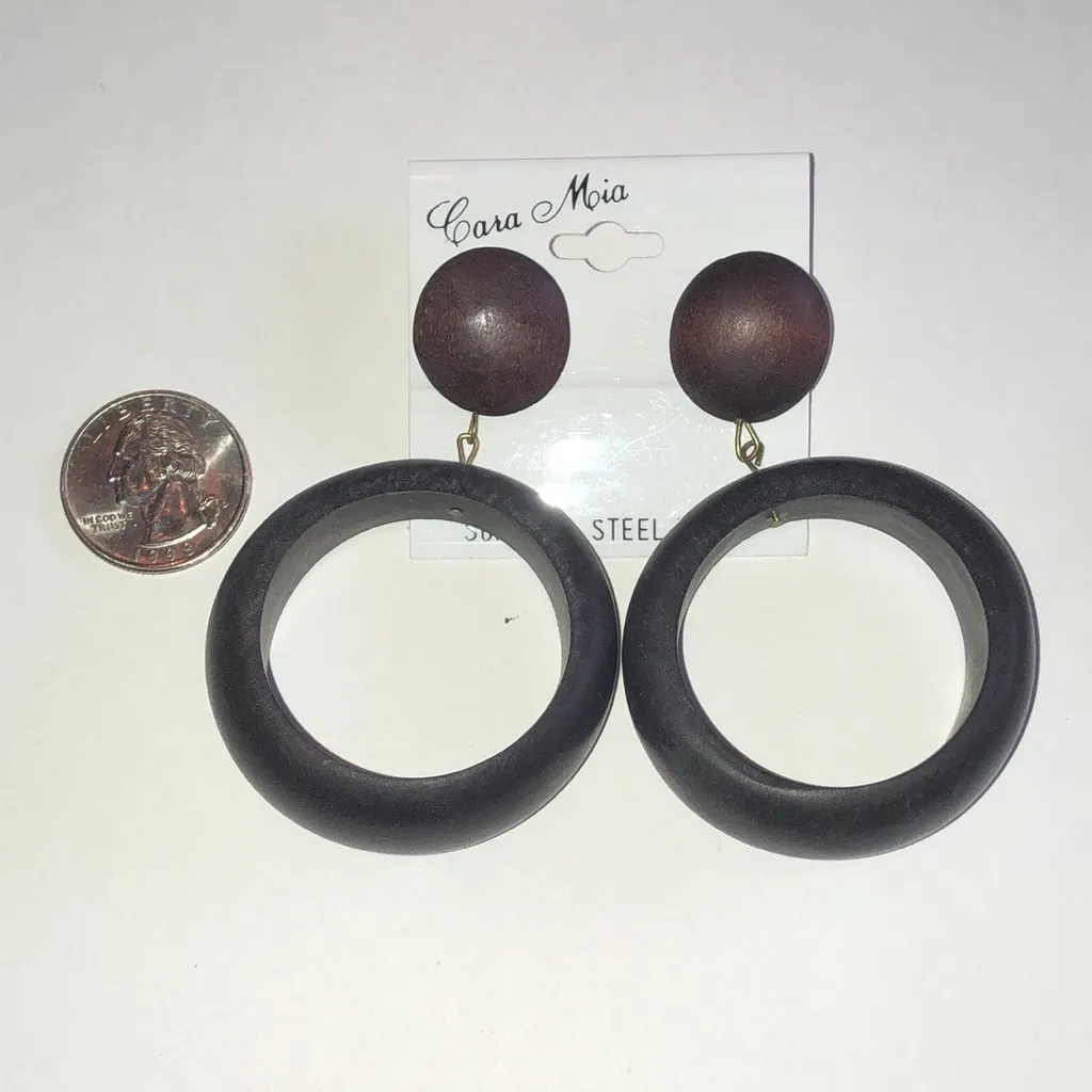 Cara Mia Huge Brown Wooden Retro Boho Hoop Earrings - Image 3