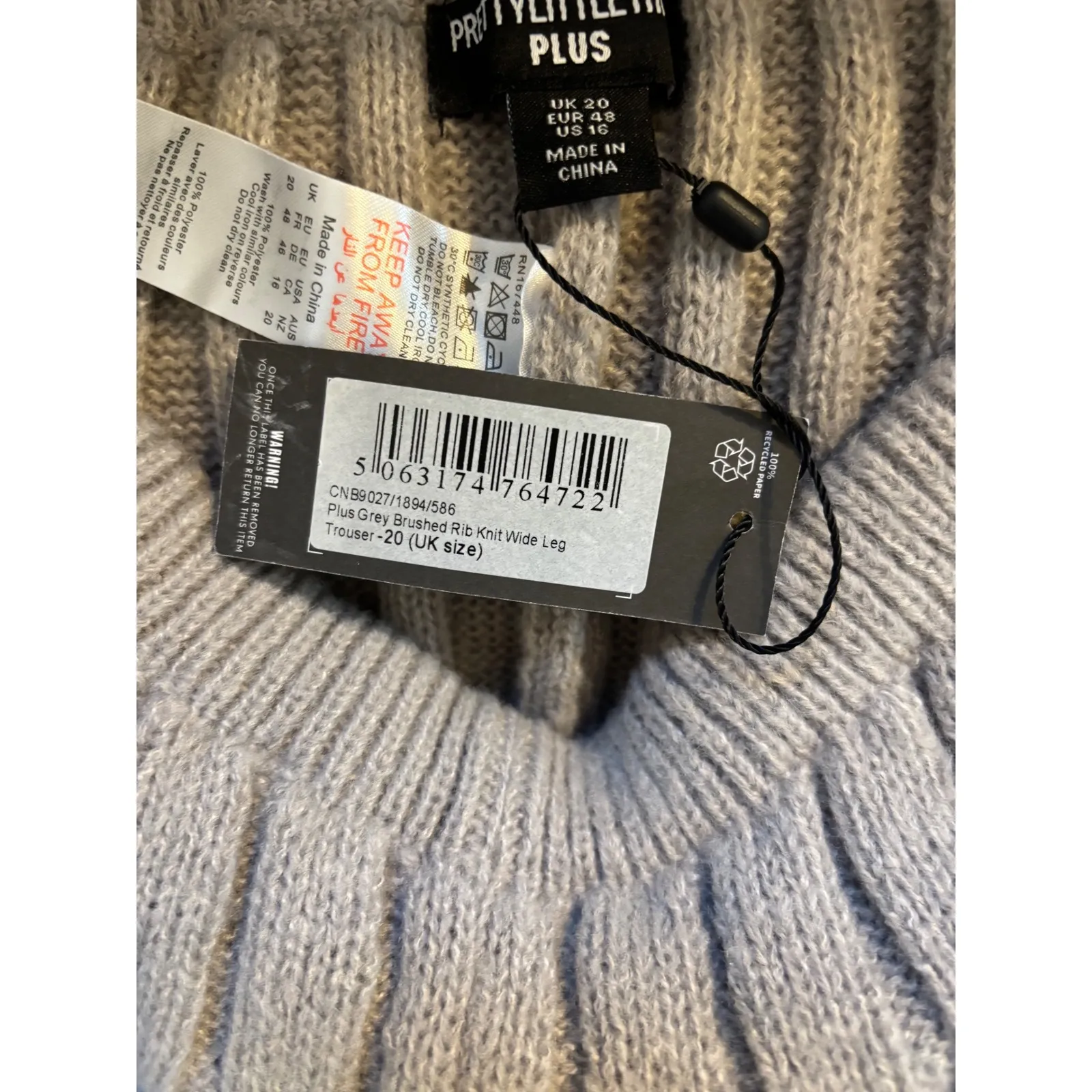 PrettyLittleThing NWT Grey Brushed Rib Knit Wide Leg Pants Size 16 Plus - Image 3