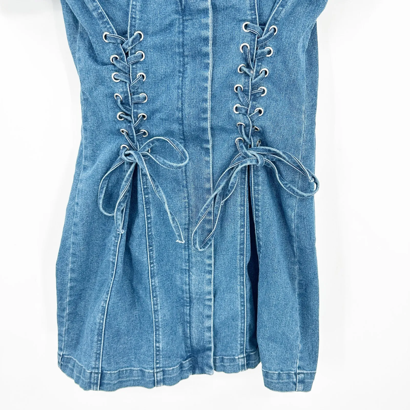 Forever‎ 21 Womens Front Zip Puff Sleeve Lace Up Denim Mini Dress Size M Blue - Image 5
