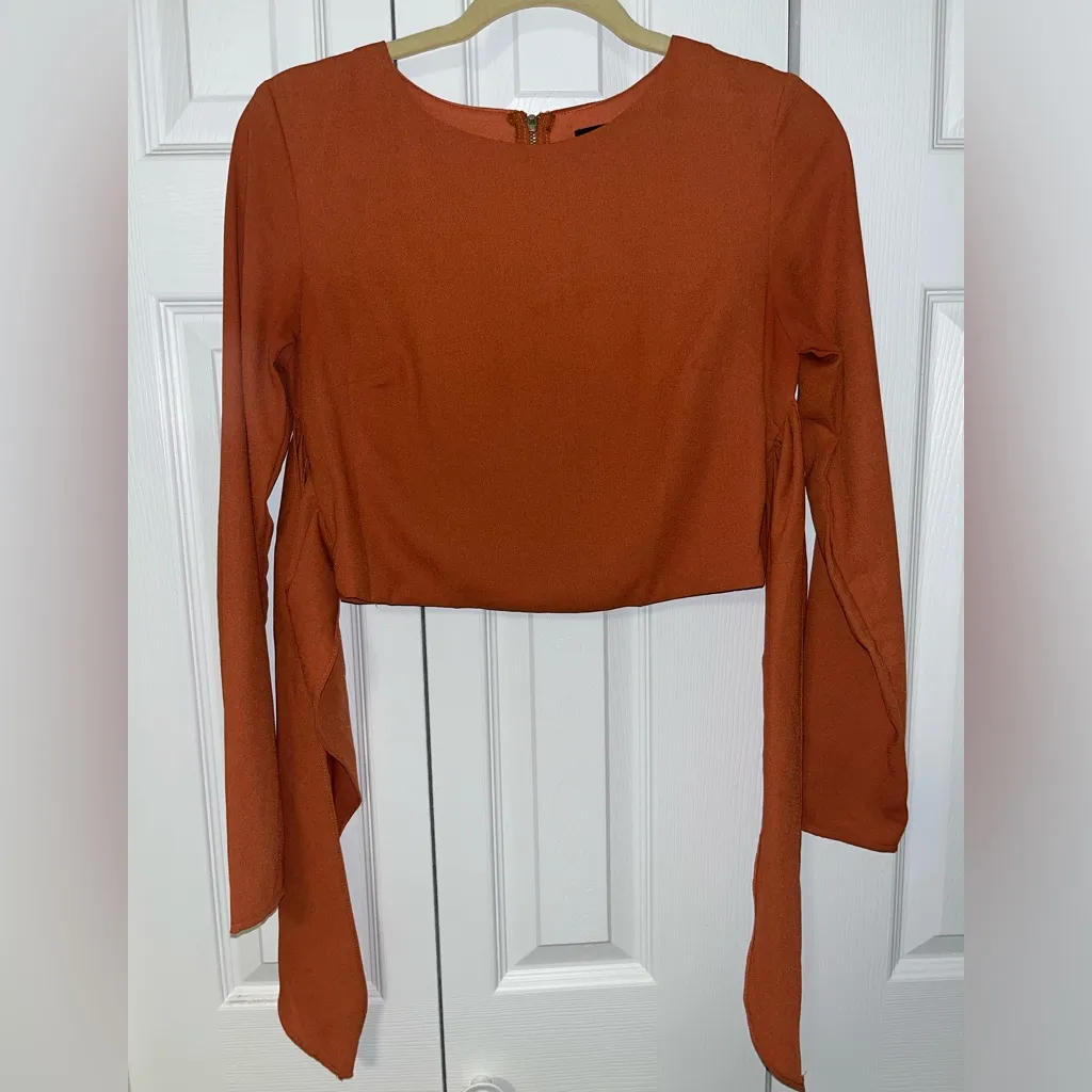 DO+BE Burnt Orange Long Sleeve Crop with Front Tie - Image 3