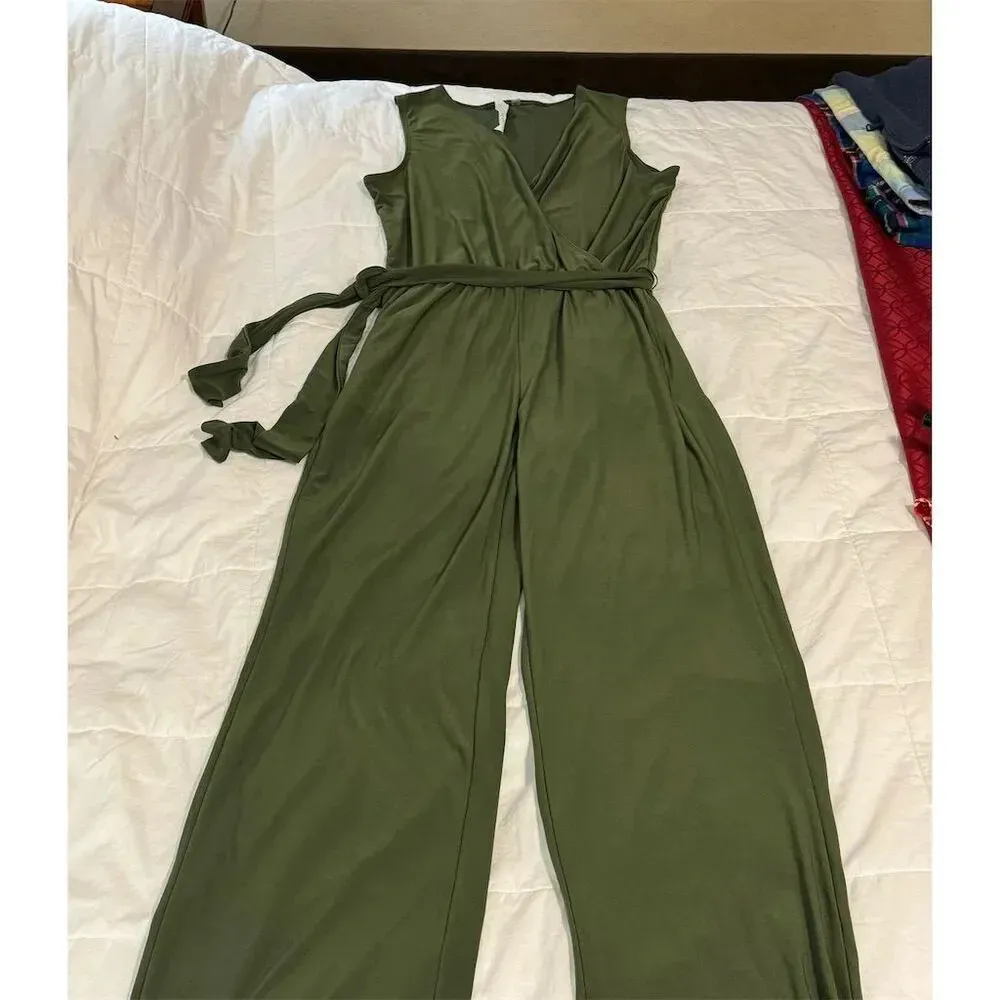 NY Collection Women's Olive Green Sleeveless Wrap Jumpsuit with Belt Size P/S - Image 3