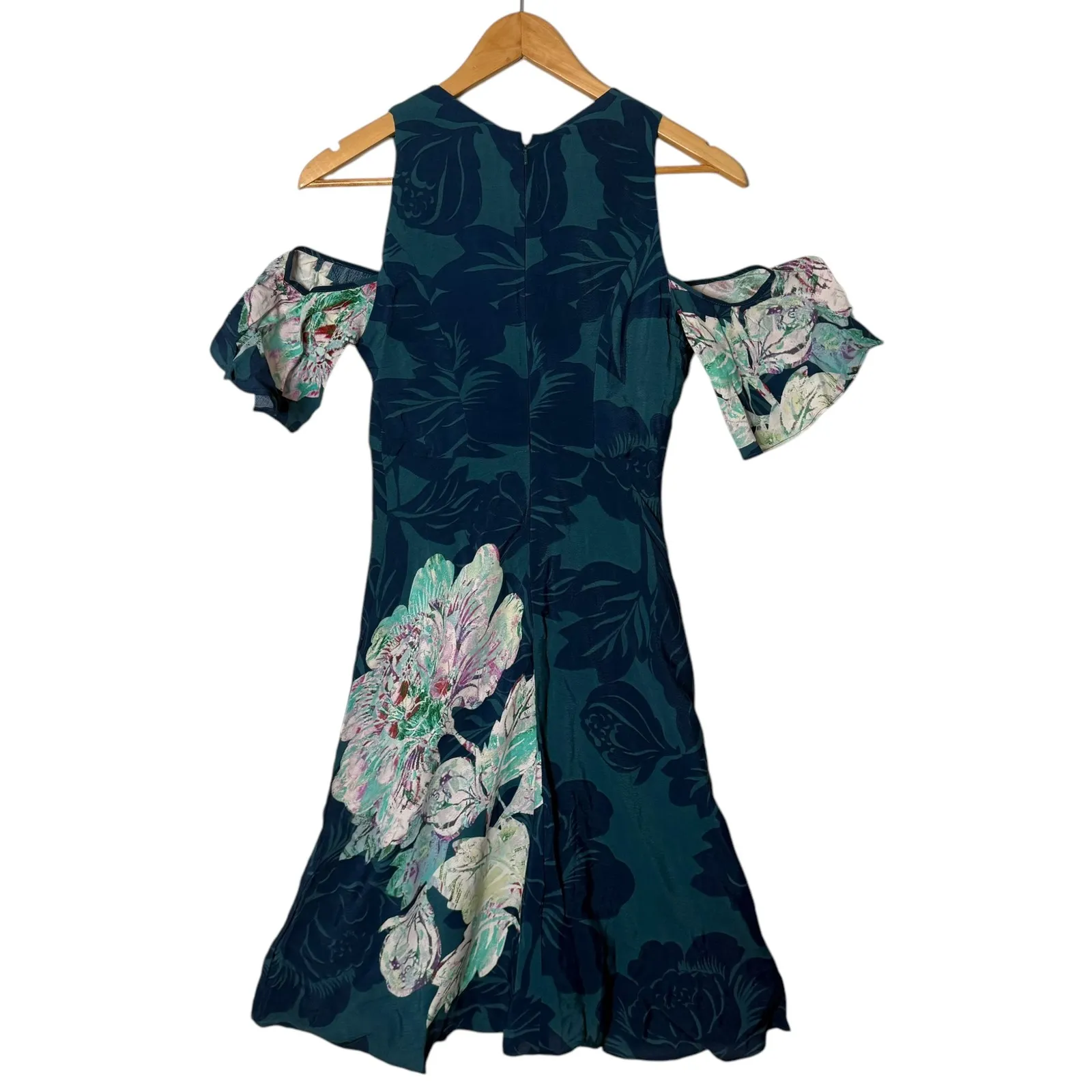 Anthropologie Tropical Print Cold Shoulder Dress Size 2 Feminine Hawaiian Floral - Image 2