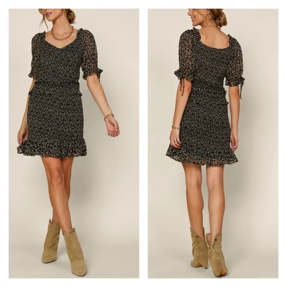 Skies Are Blue Ditsy Floral Smocked Mini Dress in Black - Image 2