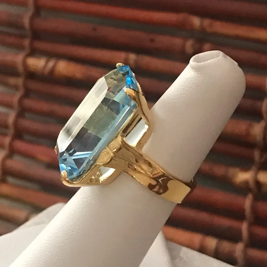 Large Blue Glass Statement Ring 18KT Gold Filled Size 5 - Image 3
