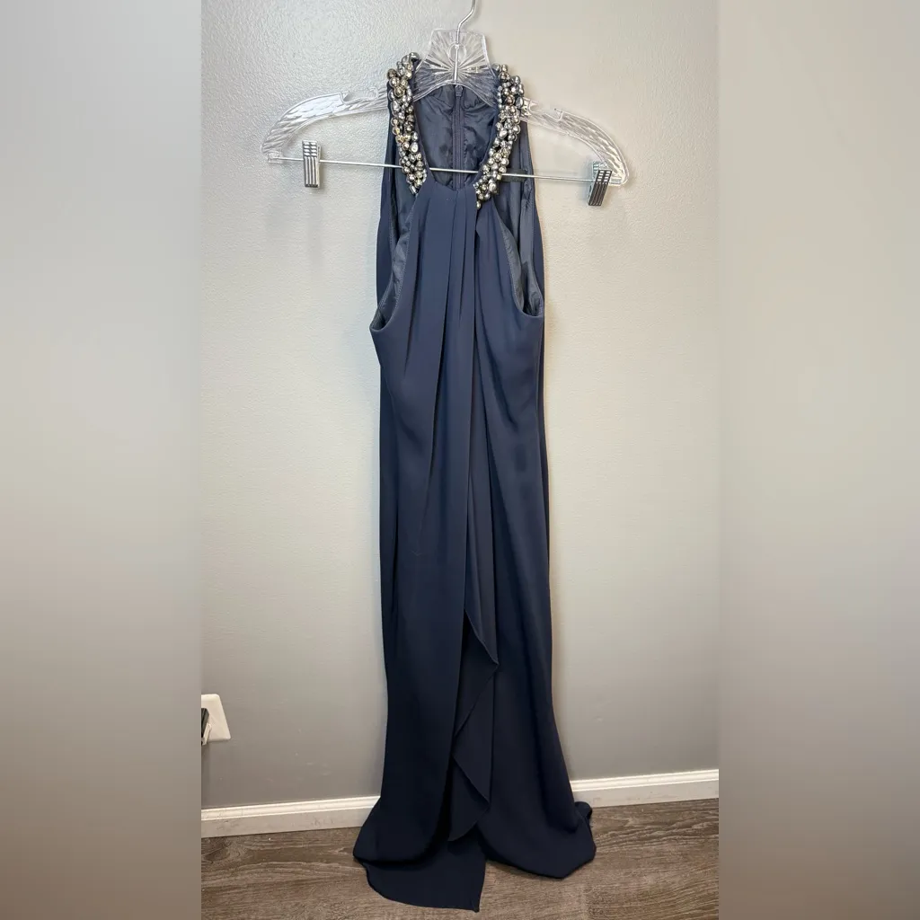 Carmen Marc Valvo Women’s Beaded Toga Navy Maxi Dress‎ Size 4 - Image 2