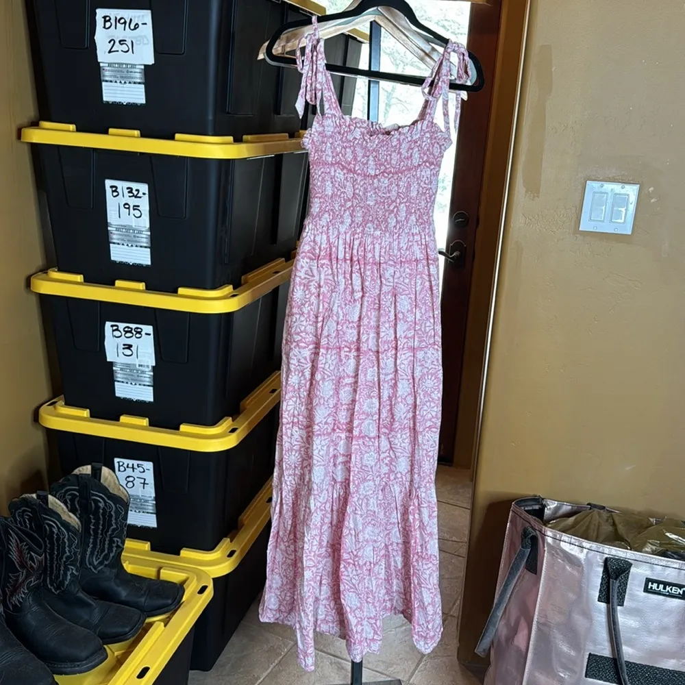 Ophelia & Indigo Mia Dress Smocked Floral Pink Maxi Dress with Bow Straps Sz XS - Image 9