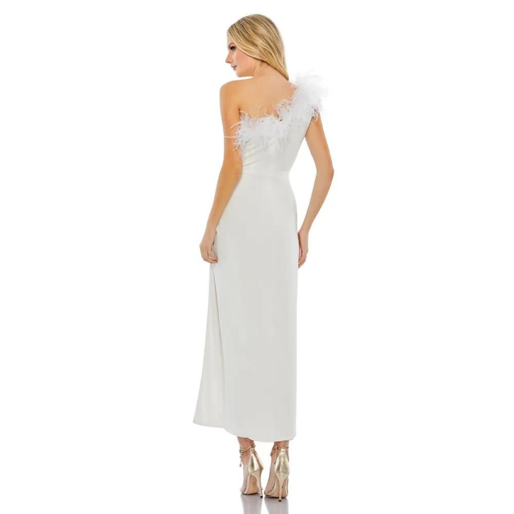 Mac Duggal Feather Trim One Shoulder Draped Dress - Image 3