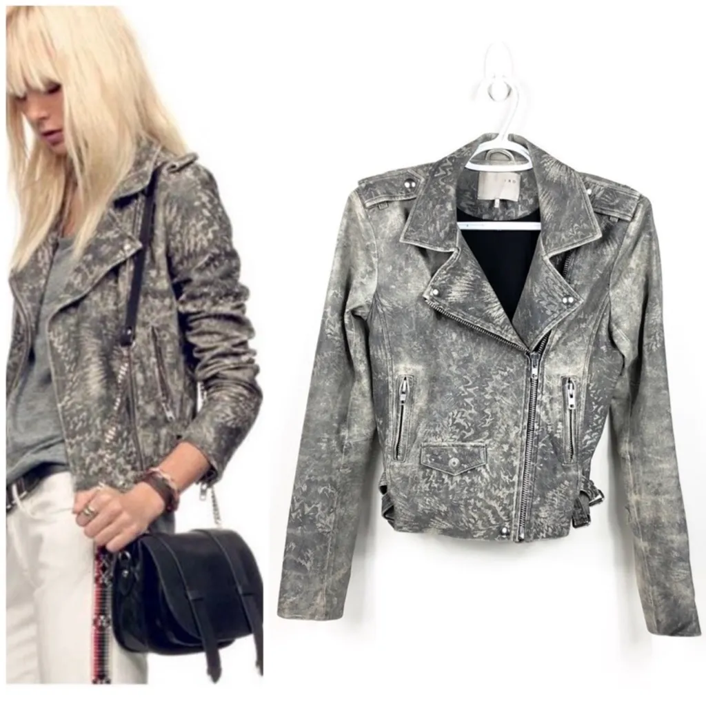 IRO “Salinas” 100% lamb leather camo printed moto biker jacket collared grey - Image 2