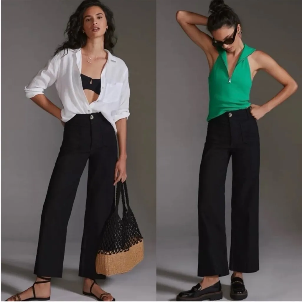 Anthropologie Maeve The Colette Wide Leg Cropped Patch Pocket Linen Pants Size 2 - Image 2