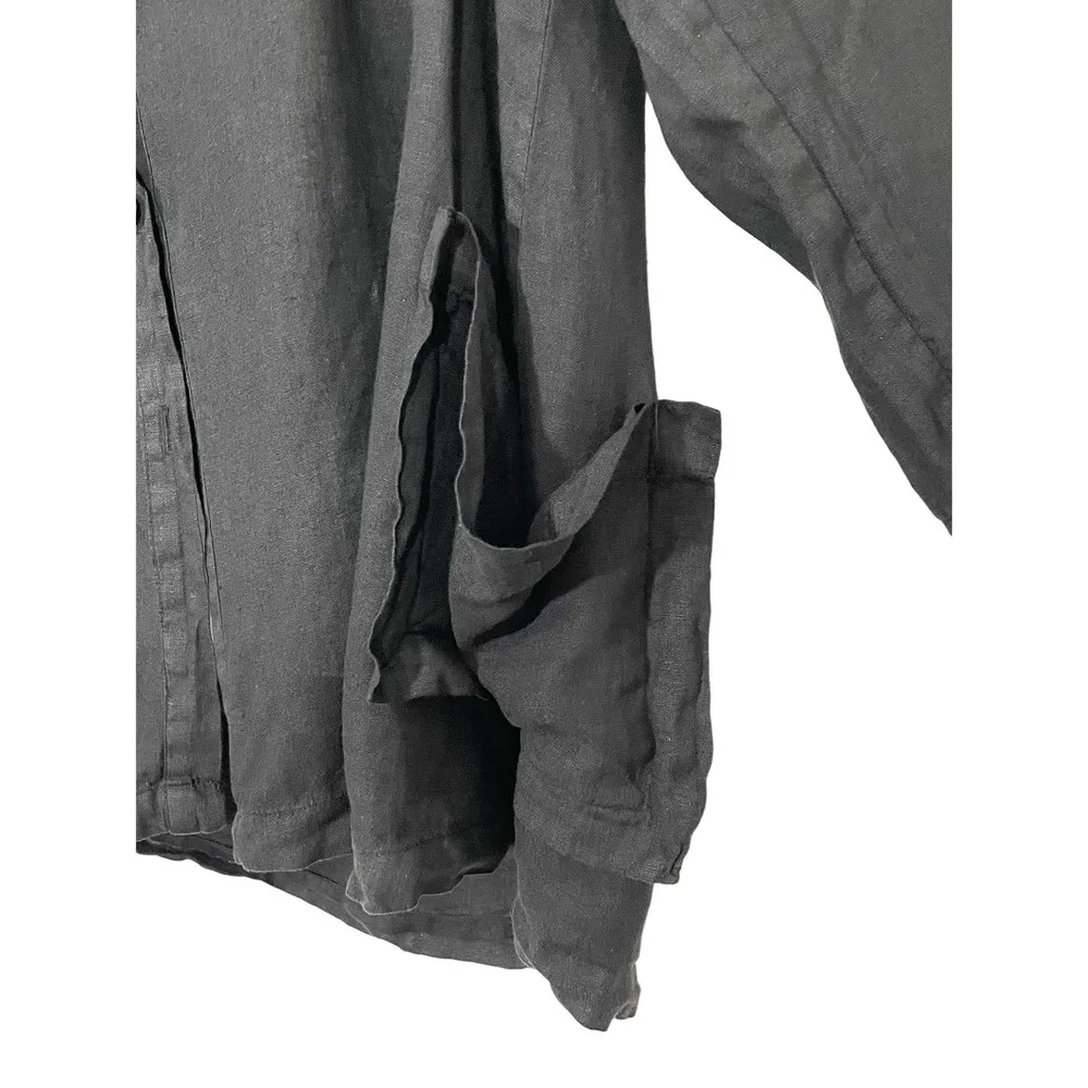 Match Point Black Funnel Neck Button Front Linen Lagenlook Top Size Small - Image 2