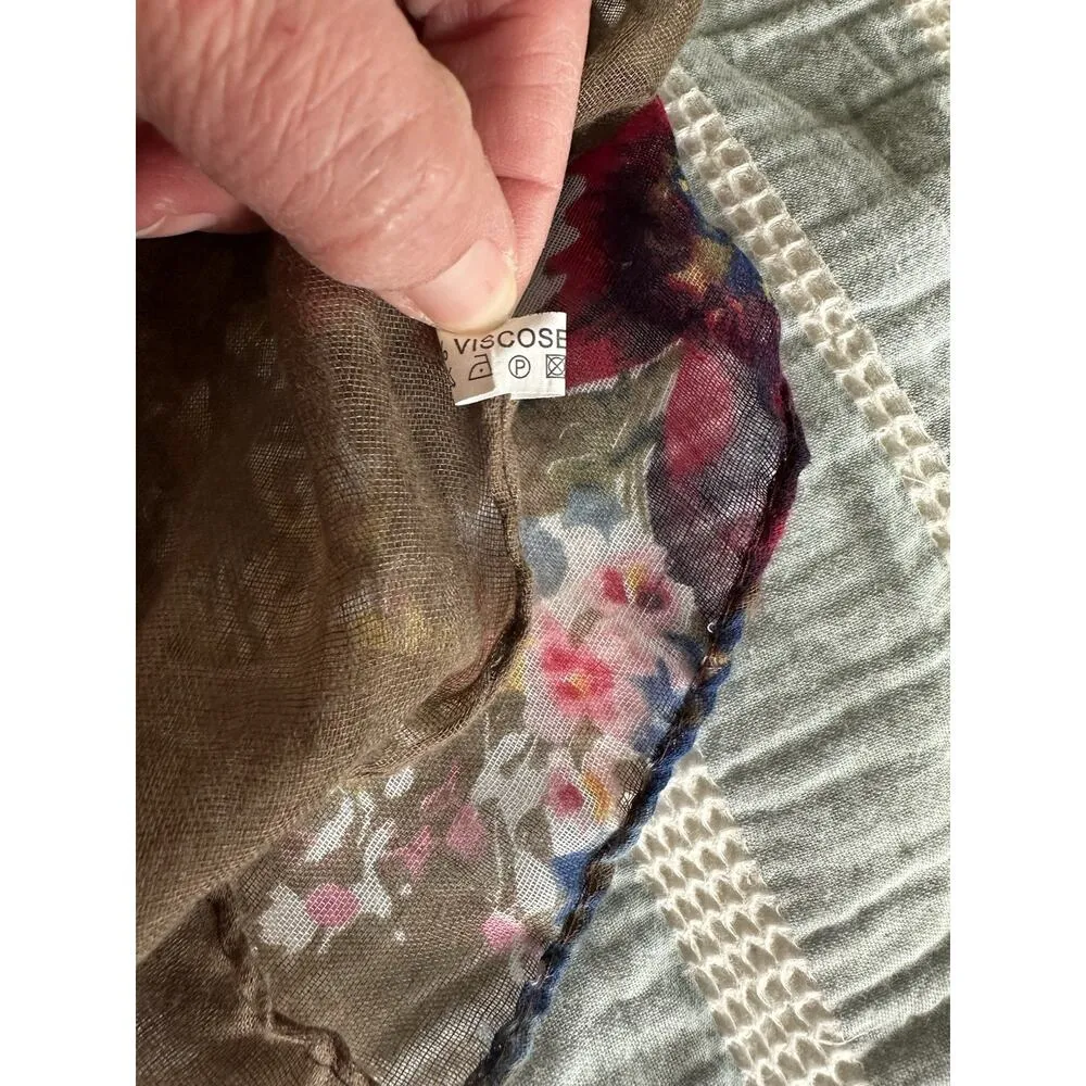 Floral Viscose Scarf Wrap Warm Brown with Pink Blue Yellow White Flowers 66 x 21 - Image 5