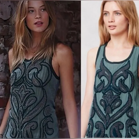 Anthropologie DOLAN Acadia Embroidered Tank Top Teal Blue Green Textured M Size M - Image 3