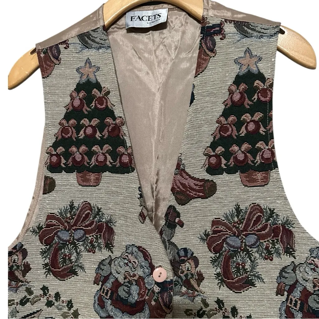 Facets by Mirrors Vintage Women Size M Christmas Tree Santa Claus Tapestry Vest Tan Size M - Image 2