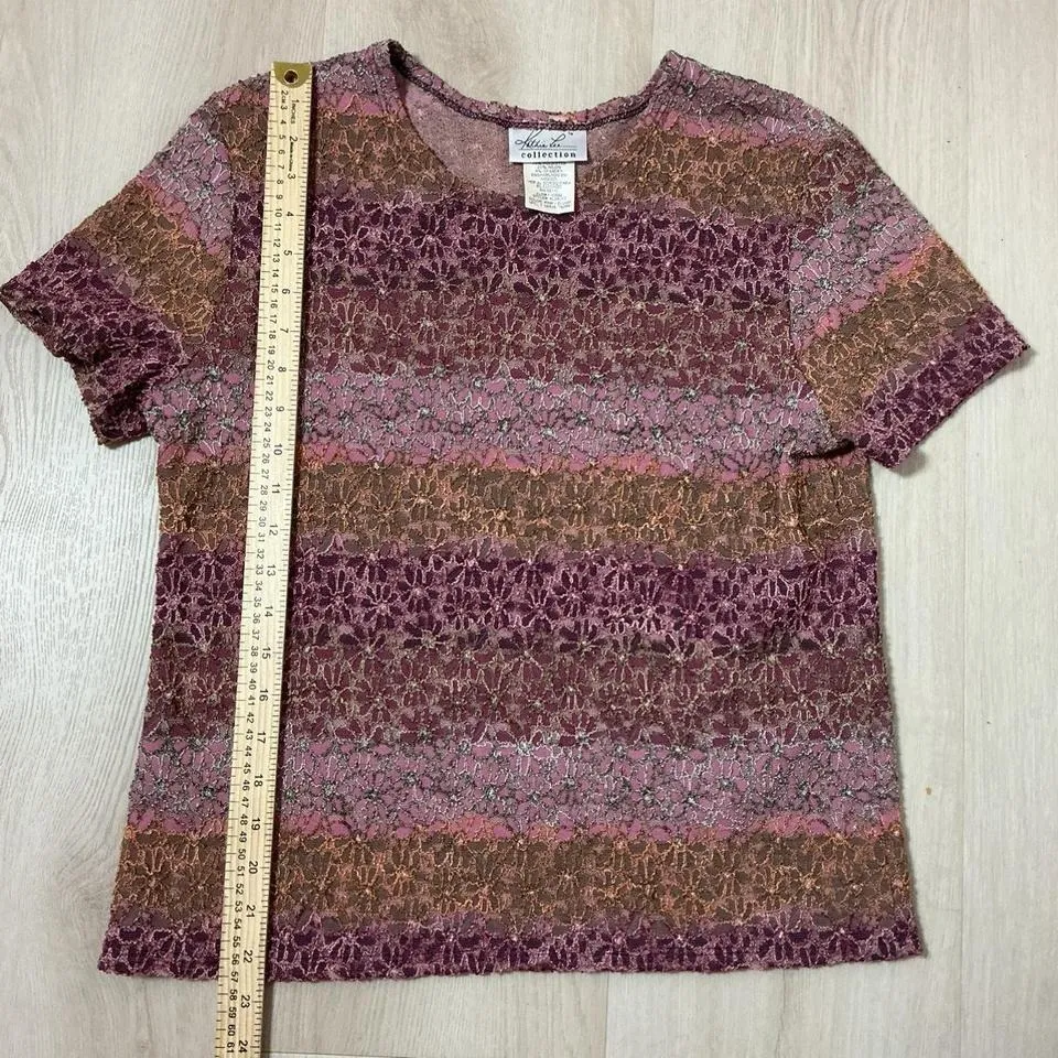 Kathie Lee Collection Sheer Pink Blush Floral Lace Short Sleeve Top‎ Size L - Image 4