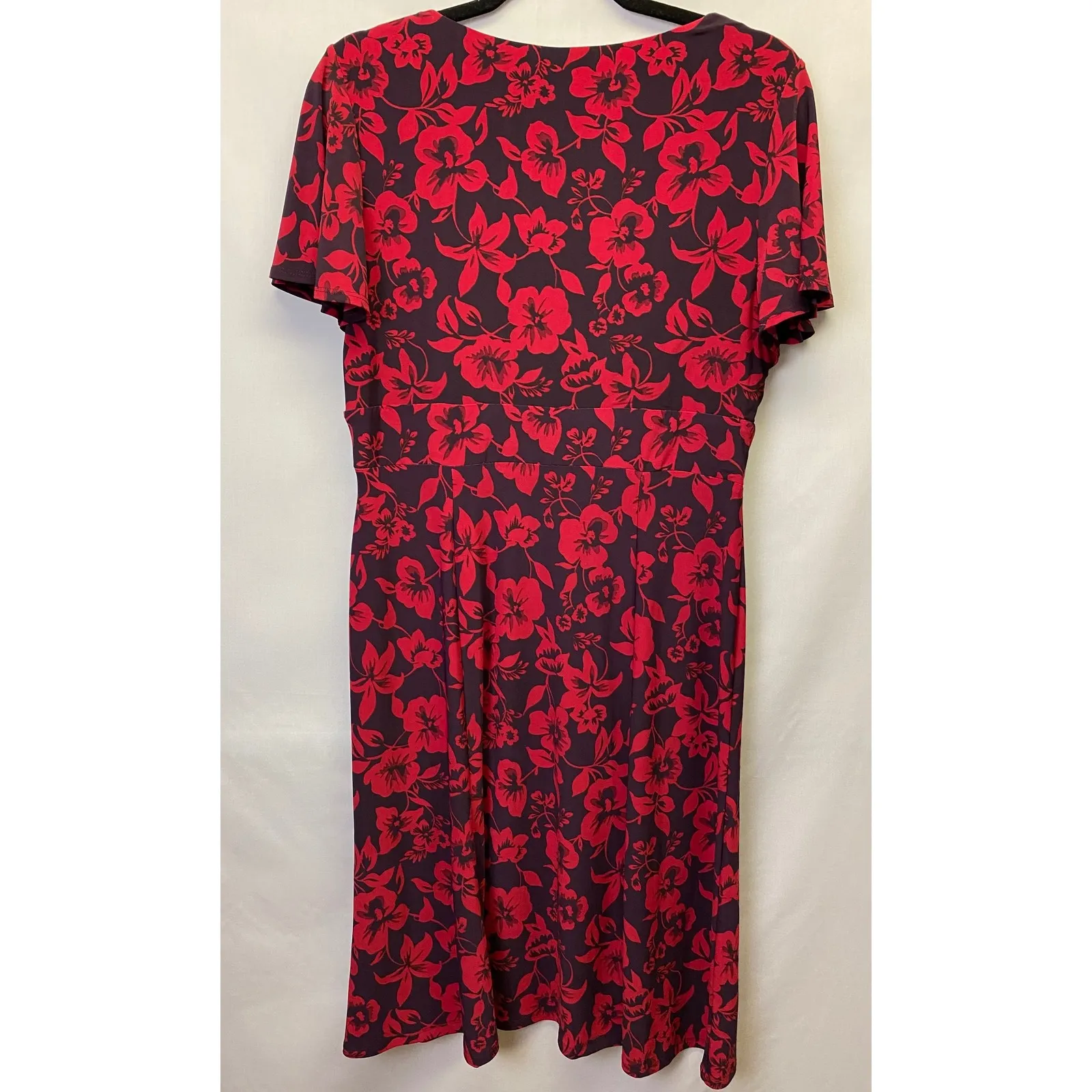 Chaps Red Floral Wrap Style Midi Dress Short Sleeve V-Neck Women's L - Image 6