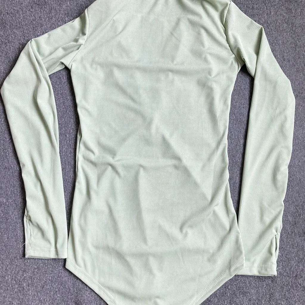 Sage Green Ribbed Long Sleeve Bodysuit Dancewear Latin Practice Top S new Green - Image 7