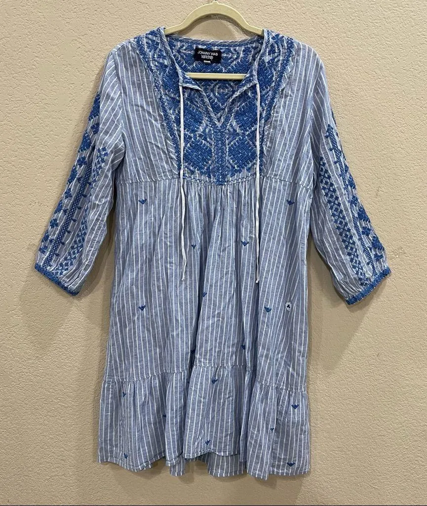Johnny Was Workshop Tunic Dress Azure Effortless Boho Stripe Embroidered Size S - Image 4