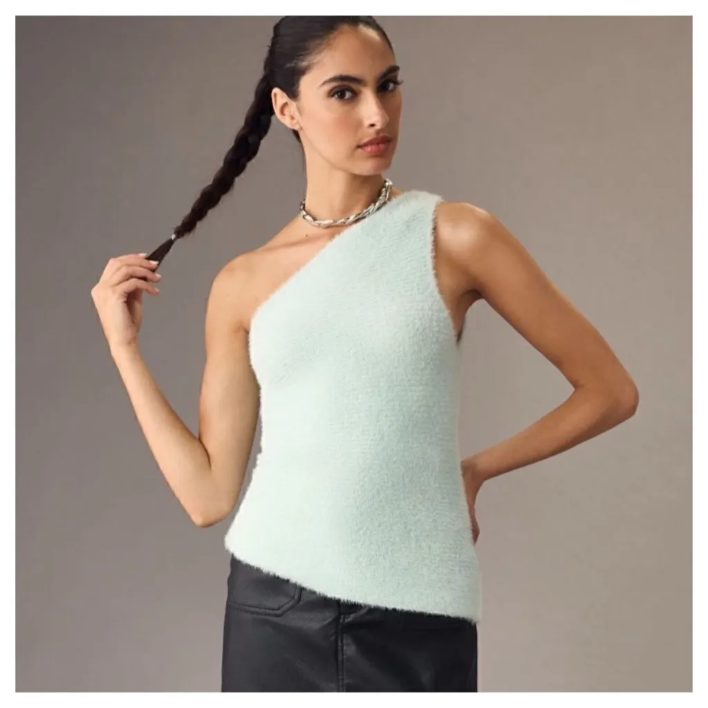 Anthropologie Mint Sky Blue One Shoulder Fuzzy Knit Sweater Top Asymmetrical 3X - Image 6