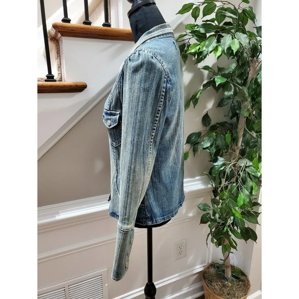 PZI Denim Women Blue Cotton Long Sleeve Buttons Front Jeans Jacket Blazer Size M Size M - Image 6